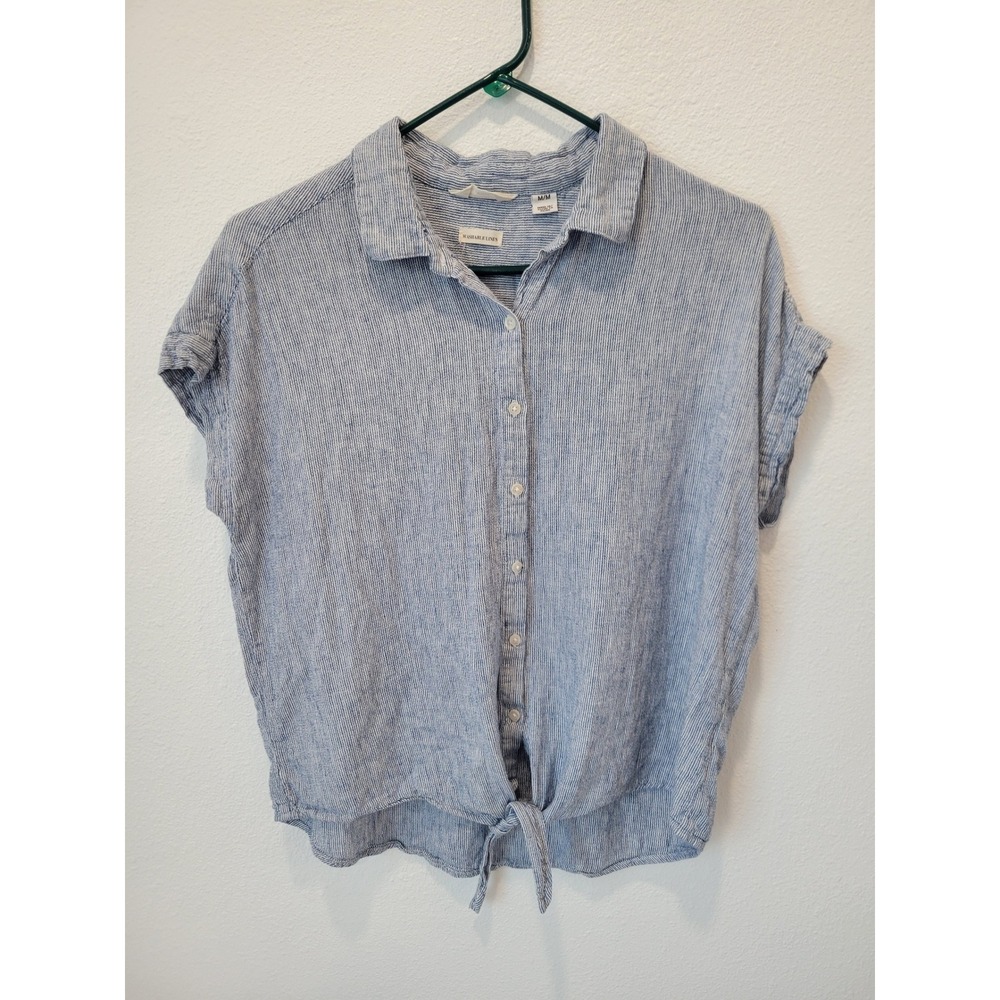 Weatherproof Vintage Blue Pinstripe Tie-Front Button-Up Top – Women's Medium